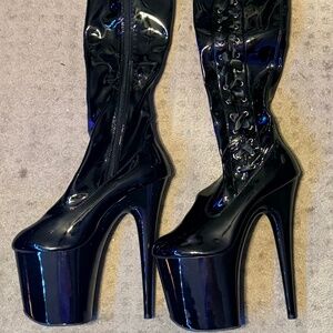 Pleaser 8" Flamingo #3050 Black Patent Thigh High Boots - Size 10